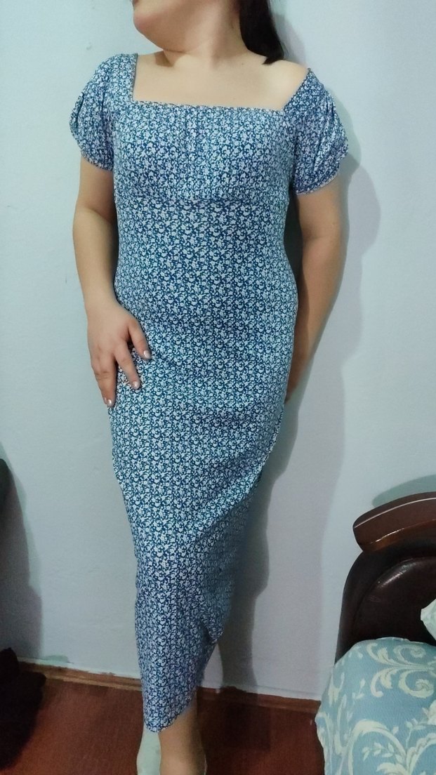 Mavi V Yaka Midi Elbise - Görsel 2