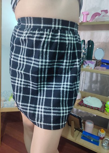 Düğmeli Mavi Ekose Mini Etek - Görsel 5