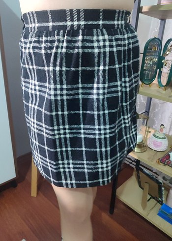 Düğmeli Mavi Ekose Mini Etek - Görsel 3