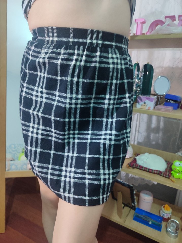 Düğmeli Mavi Ekose Mini Etek - Görsel 5