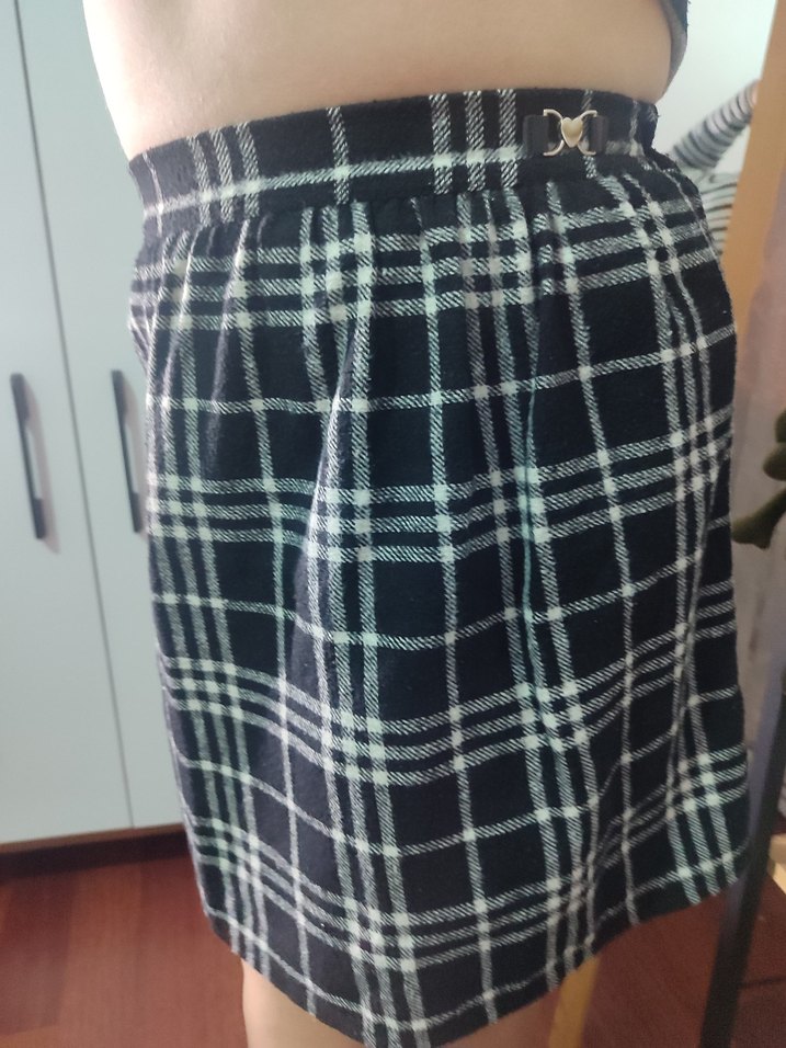 Düğmeli Mavi Ekose Mini Etek - Görsel 2