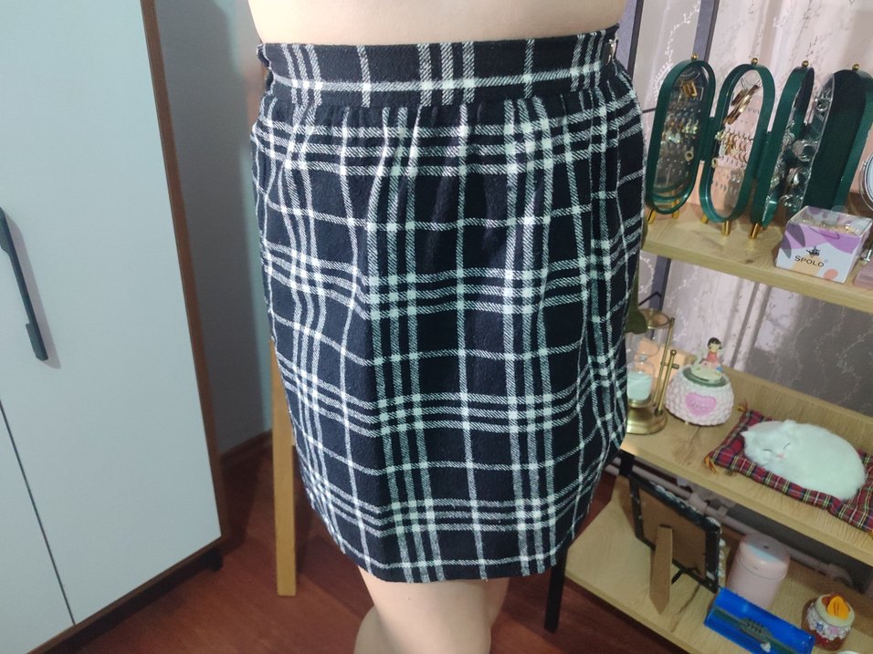 Düğmeli Mavi Ekose Mini Etek - Görsel 4