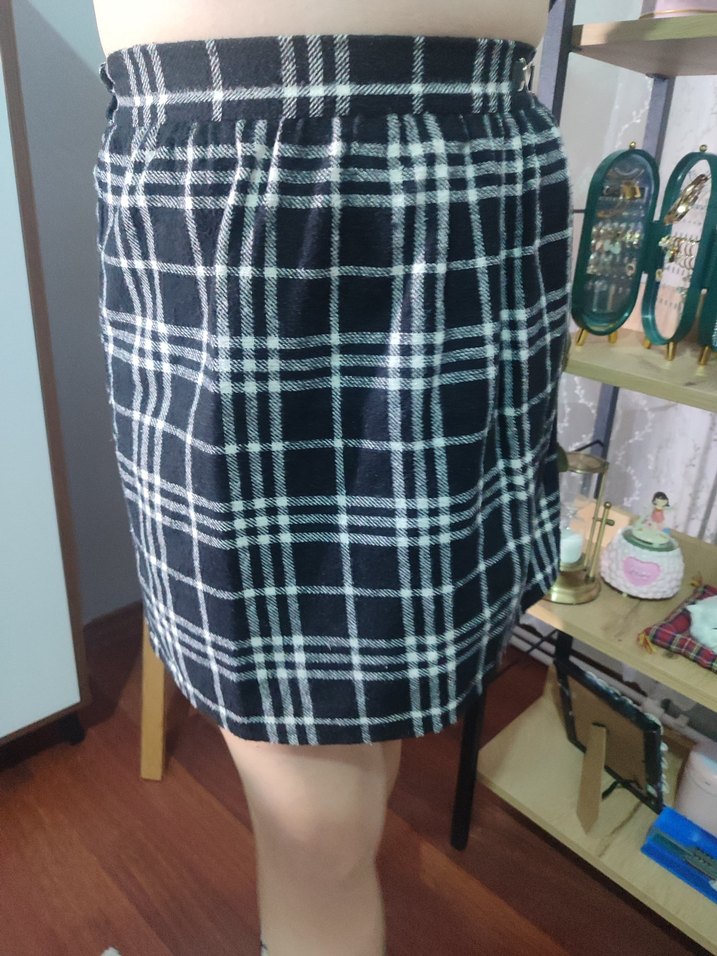 Düğmeli Mavi Ekose Mini Etek - Görsel 3