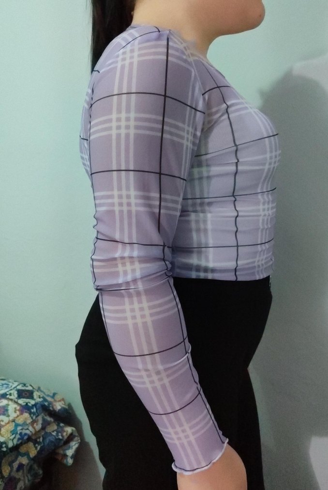 Gri Kareli Uzun Kollu Kadın Bluz - Görsel 2