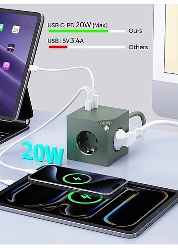 Beden yeşil Renk 3 USB'li priz küpü, 4 bölmeli küp çoklu priz, 6'sı 1 arada şalte