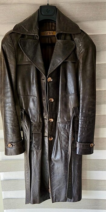 Vintage Kahverengi Deri Trenckot