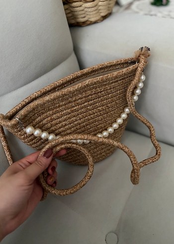 Boncuk Detaylı Bej Örgü Kadın Çanta - Görsel 4