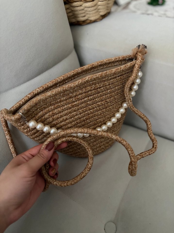 Boncuk Detaylı Bej Örgü Kadın Çanta - Görsel 4