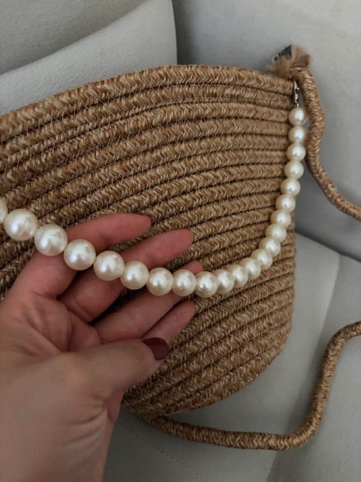 Boncuk Detaylı Bej Örgü Kadın Çanta - Görsel 2