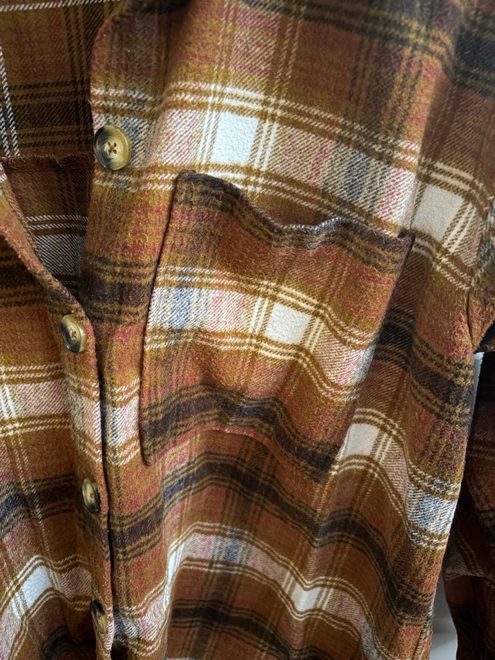 Düğmeli Kahverengi Kareli Kadın Gömlek - Görsel 3