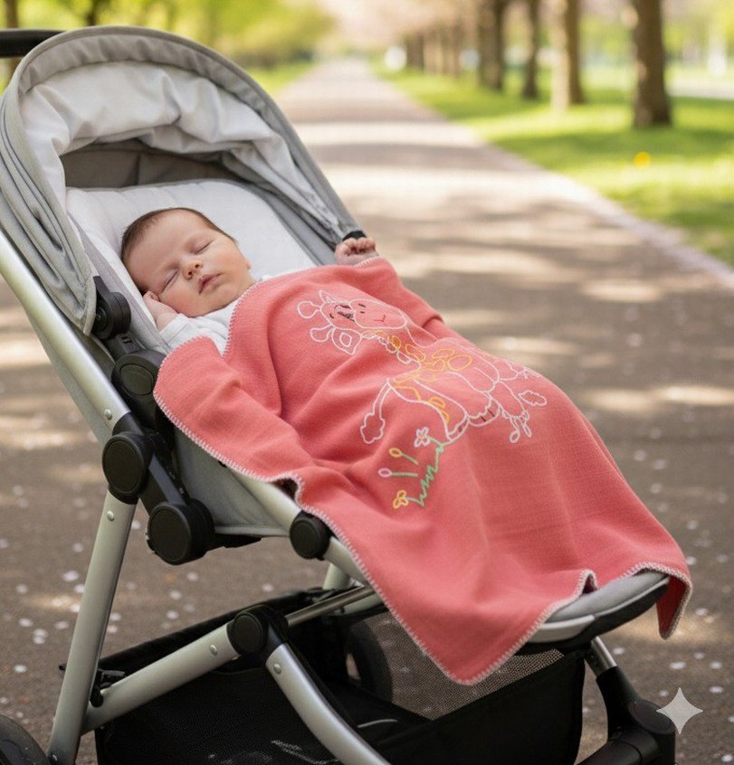 Muslin kumaştan el işlemesi Kırmızı Çocuk Battaniyesi - Görsel 4