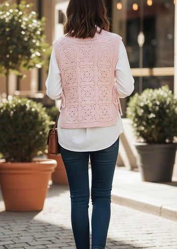 Pembe Dantel Detaylı Bohem Kadın Süveter - Görsel 5