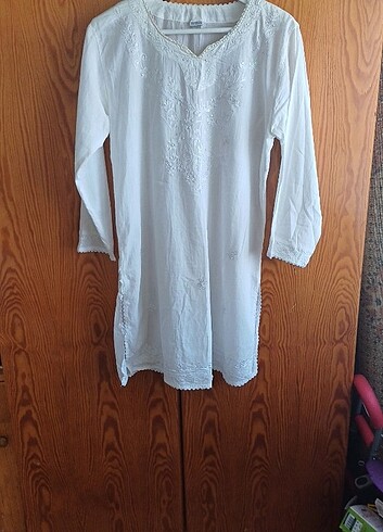 40 Beden beyaz Renk Hint islemeli muslin kumaştan tunik Plaj elbisesi