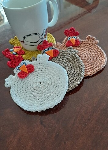  Beden Tığ İşi Tavuk Desenli Bardak Altlığı 4lu set, polyester makrome 