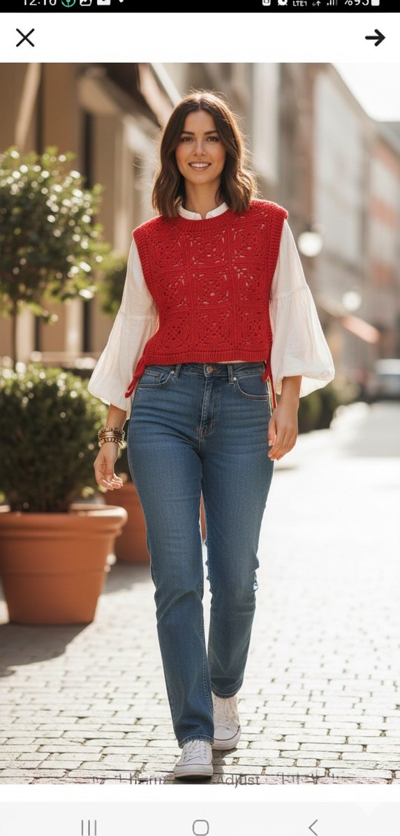 Nakışlı Kısa Kırmızı Triko Süveter - Görsel 2