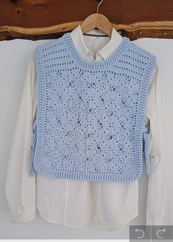 Nakışlı Mavi Kısa Örgü Süveter - Görsel 4