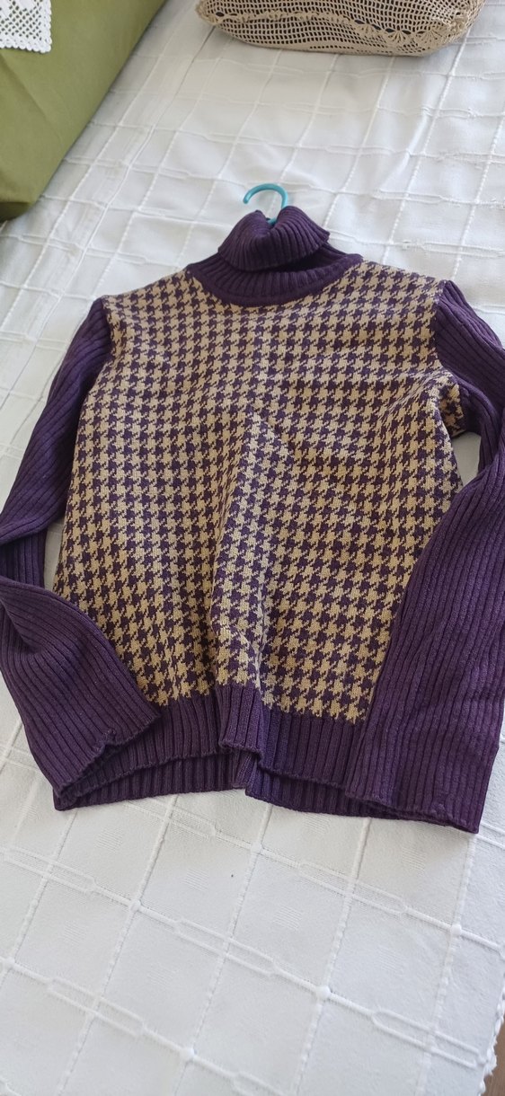 Açık Kahve Desenli Triko Yün Boğazlı Kazak  S/M Beden - Görsel 5