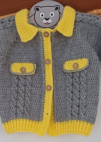 Erkek Çocuk Gri Sarı Örgü Hırka - Görsel 6