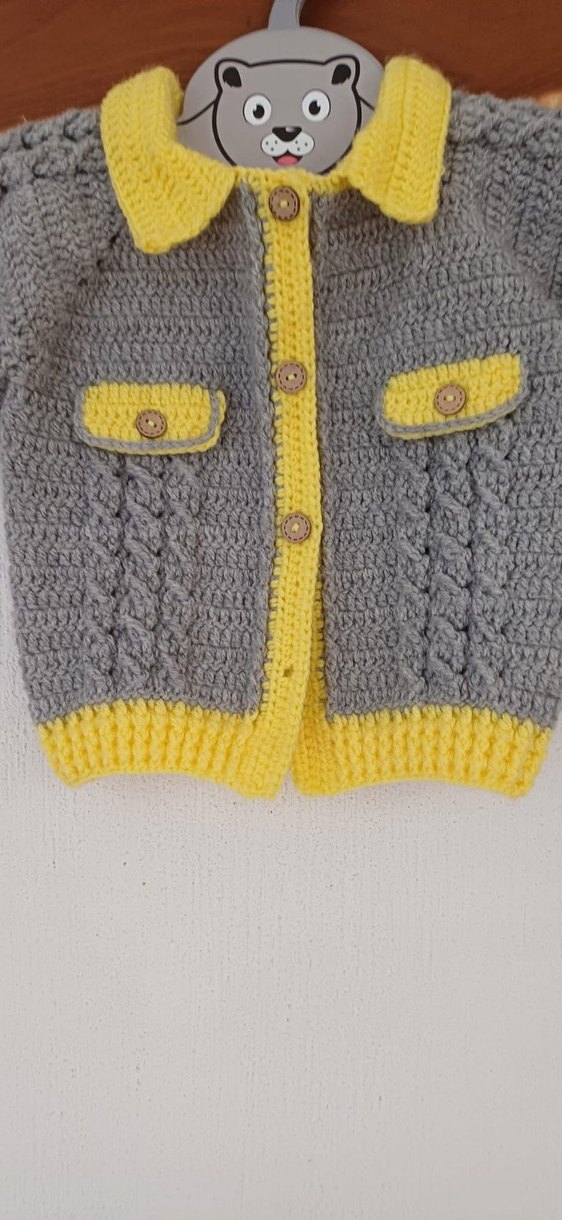 Erkek Çocuk Gri Sarı Örgü Hırka - Görsel 3