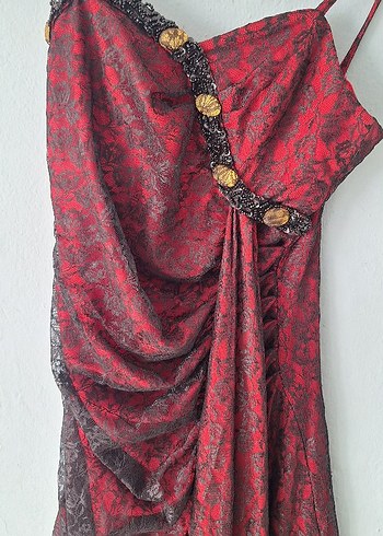 Diğer Bordo Gotik Drapeli Uzun Abiye Elbise