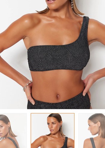 Boncuk İşlemeli Siyah Tek Omuzlu Mini Bikini Üstü - Görsel 2