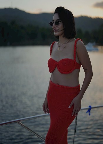 Kırmızı Triko Midi Plaj Mayo Takımı - Görsel 2