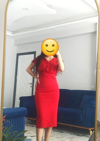 Kadın Parlak Kırmızı V Yakalı Uzun Elbise