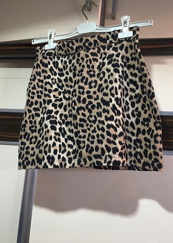 Kahverengi Leopar Desenli Mini Etek