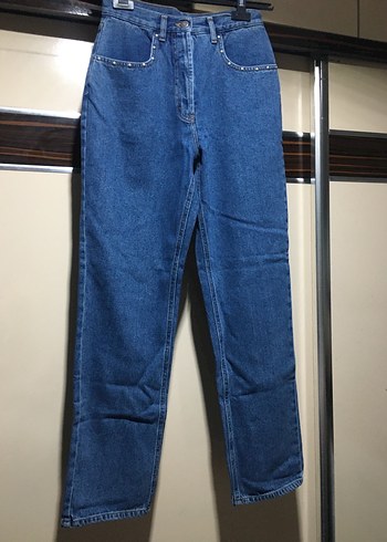 Düğmeli Mavi Bol Kesim Kot Pantolon