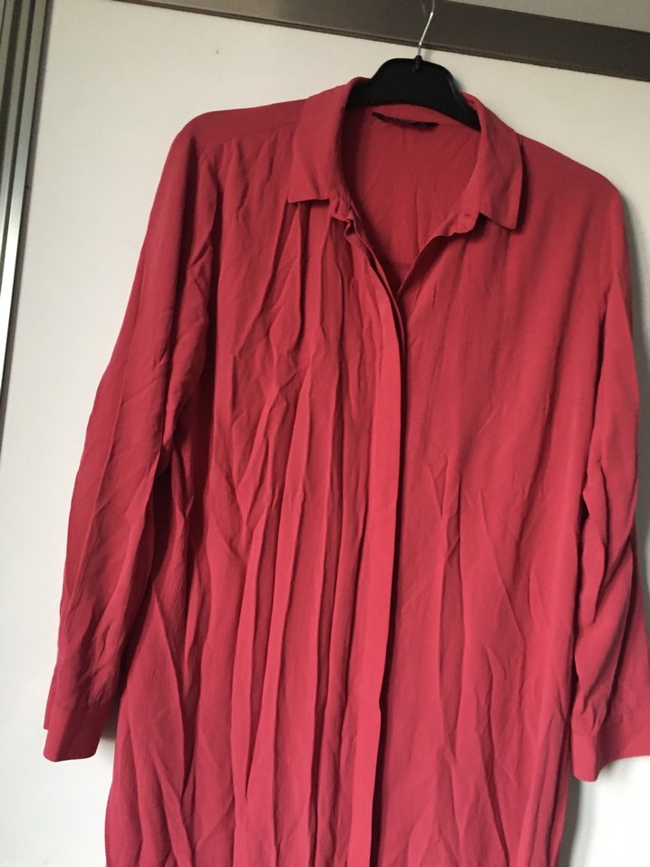 Kadın Uzun Kırmızı Salaş Gömlek Elbise - Görsel 2