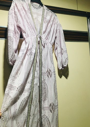 Pembe Bohem Nakışlı Uzun Kadın Sabahlık - Görsel 2