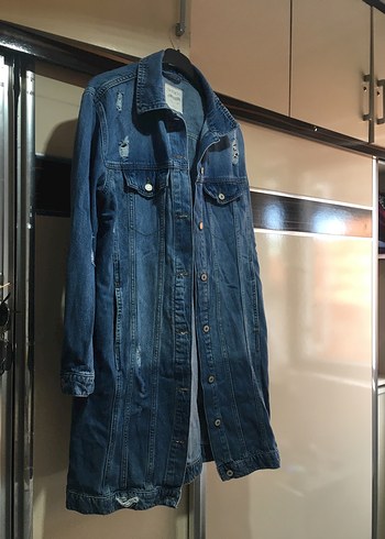 Defacto Düğmeli Uzun Mavi Kadın Denim Ceket