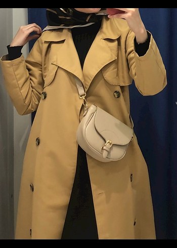 Bej Deri Midi Trençkot, Kemerli, Regular Fit