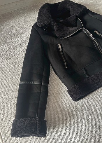 Siyah Kadın Süet Kürklü Biker Ceket - Görsel 7