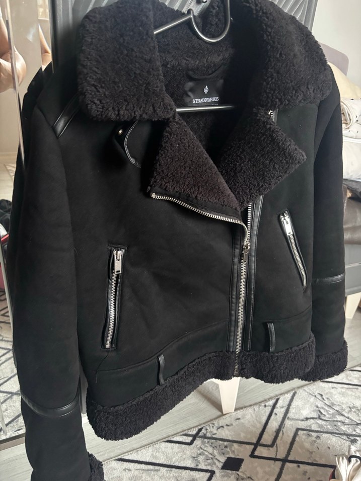 Siyah Kadın Süet Kürklü Biker Ceket - Görsel 3