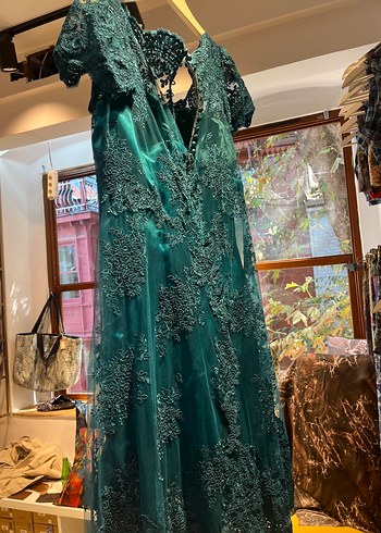 xl Beden Turkuaz Dantel İşlemeli Mini Vintage Abiye Elbise