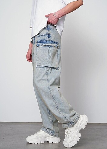 Eskitme buz mavi kargo cepli Z7GD baggy pantolon 