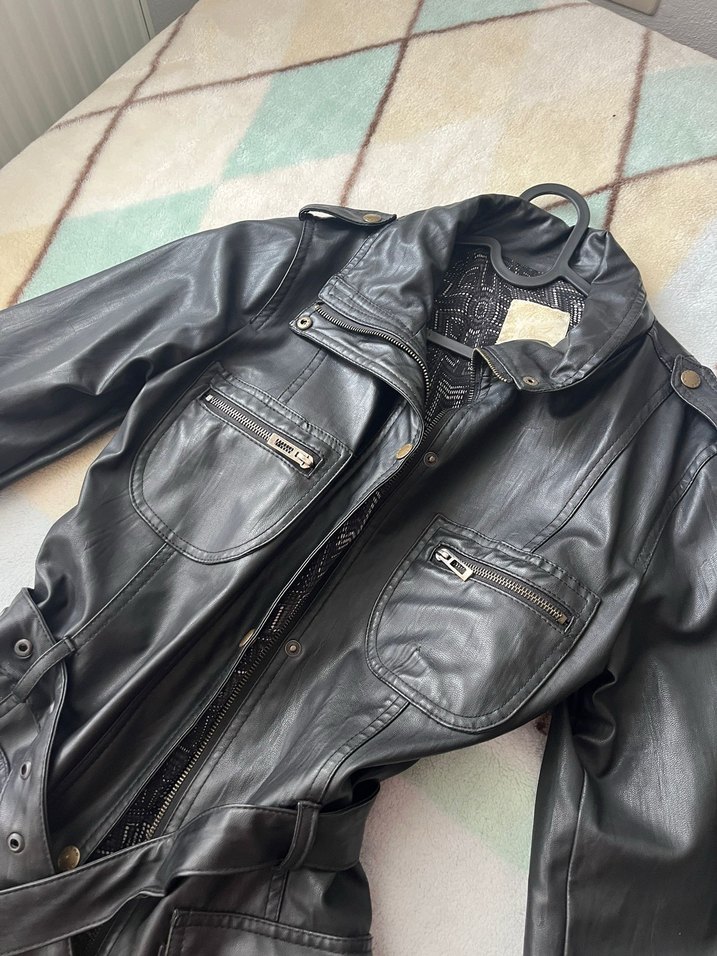 Tokalı Siyah Deri Kadın Ceket Vintage - Görsel 2