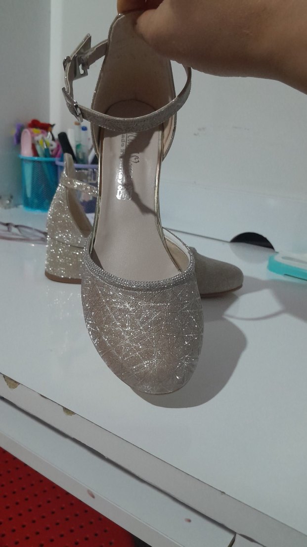 Bej Simli Dolgu Topuklu çocuk Abiye Ayakkabı 34 no - Görsel 4