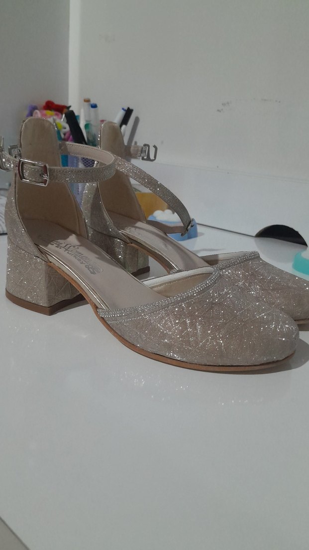 Bej Simli Dolgu Topuklu çocuk Abiye Ayakkabı 34 no - Görsel 3