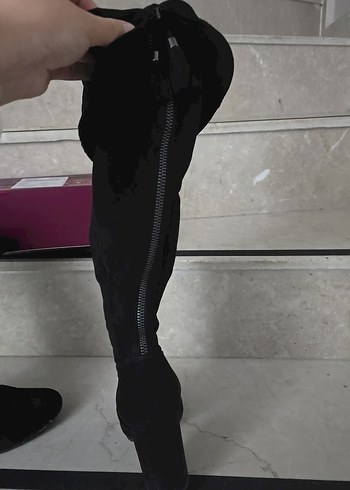 Decathlon Siyah Süet Kadın Dizüstü Topuklu Bot