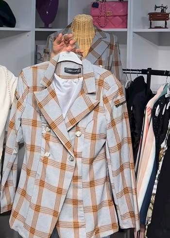 Ekose Desenli Gri kahverengi çizgili Kadın Blazer
