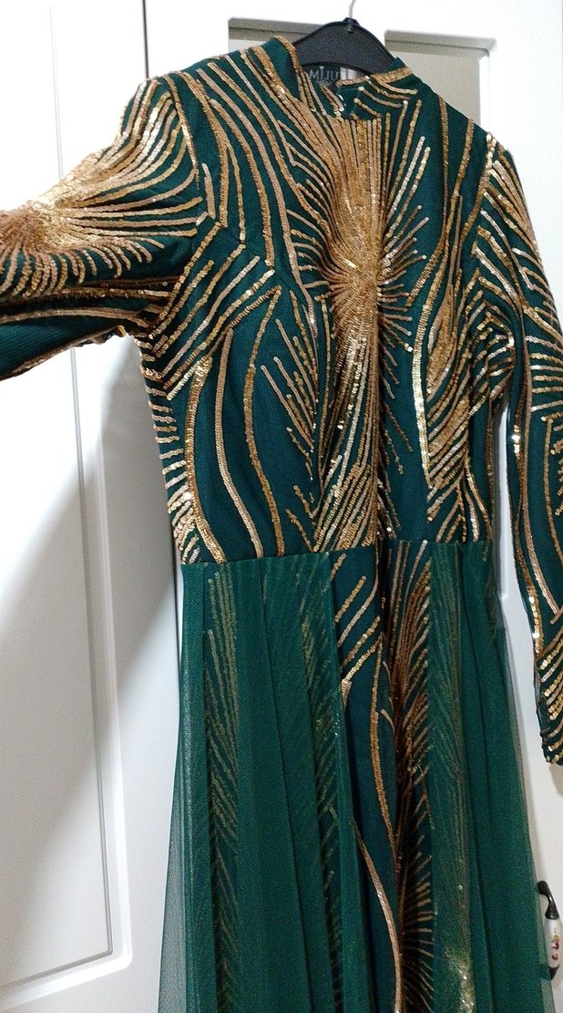 Drapeli Uzun Altın Desenli Bohem Abiye - Görsel 4