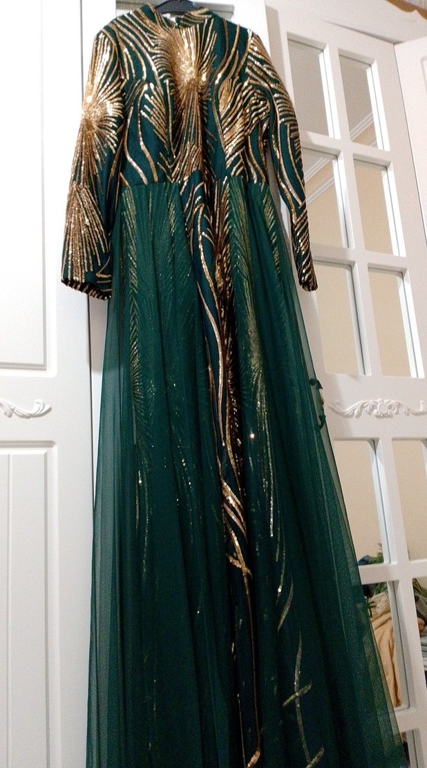 Drapeli Uzun Altın Desenli Bohem Abiye - Görsel 2