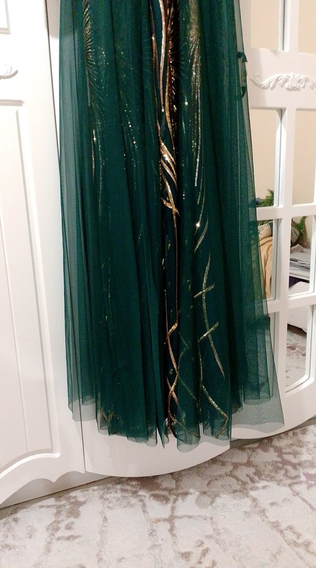 Drapeli Uzun Altın Desenli Bohem Abiye - Görsel 3