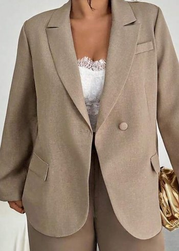 Bej Kadın Ofis Blazeri, Normal Boy, Uzun Kollu - Görsel 4