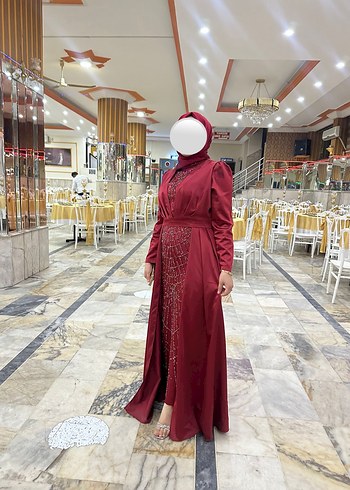 Abiye Bordo İşlemeli Uzun Kollu Abiye Elbise