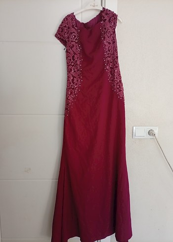 Bordo Dantel İşlemeli Uzun Abiye Elbise - Görsel 2
