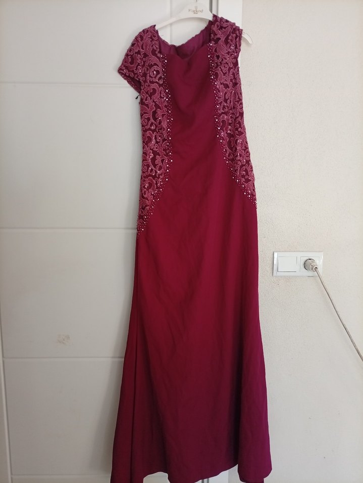 Bordo Dantel İşlemeli Uzun Abiye Elbise - Görsel 2