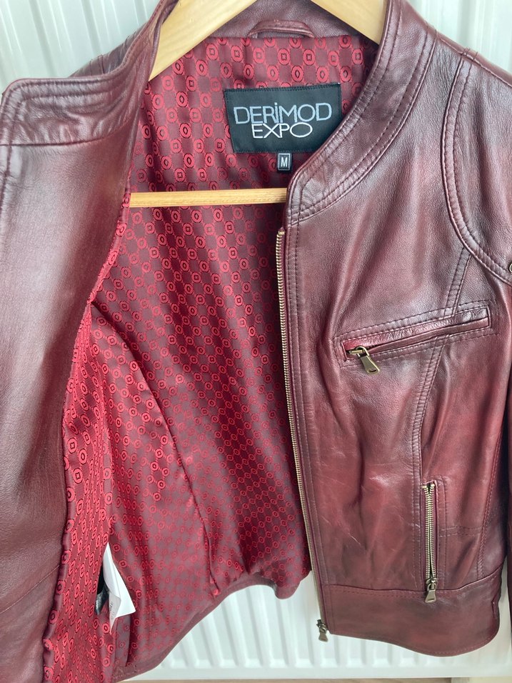 Bordo Deri Kadın Biker Ceket - Görsel 5